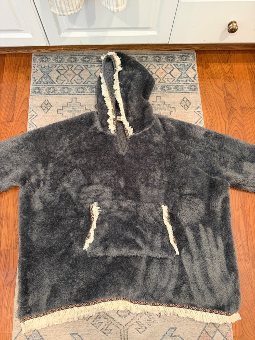Cozy Hooded Faux Fur Poncho - Charcoal with Cream Trim